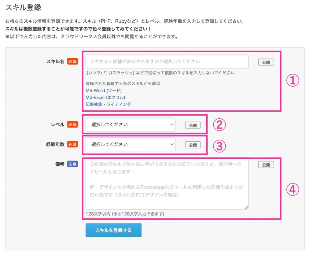 クラウドワークススキル情報入力欄
